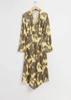 Online & Other Stories Asymmetric Midi Wrap Dress Brown and Yellow
