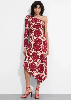 Online & Other Stories Asymmetric One-Shoulder Midi Dress Red Florals