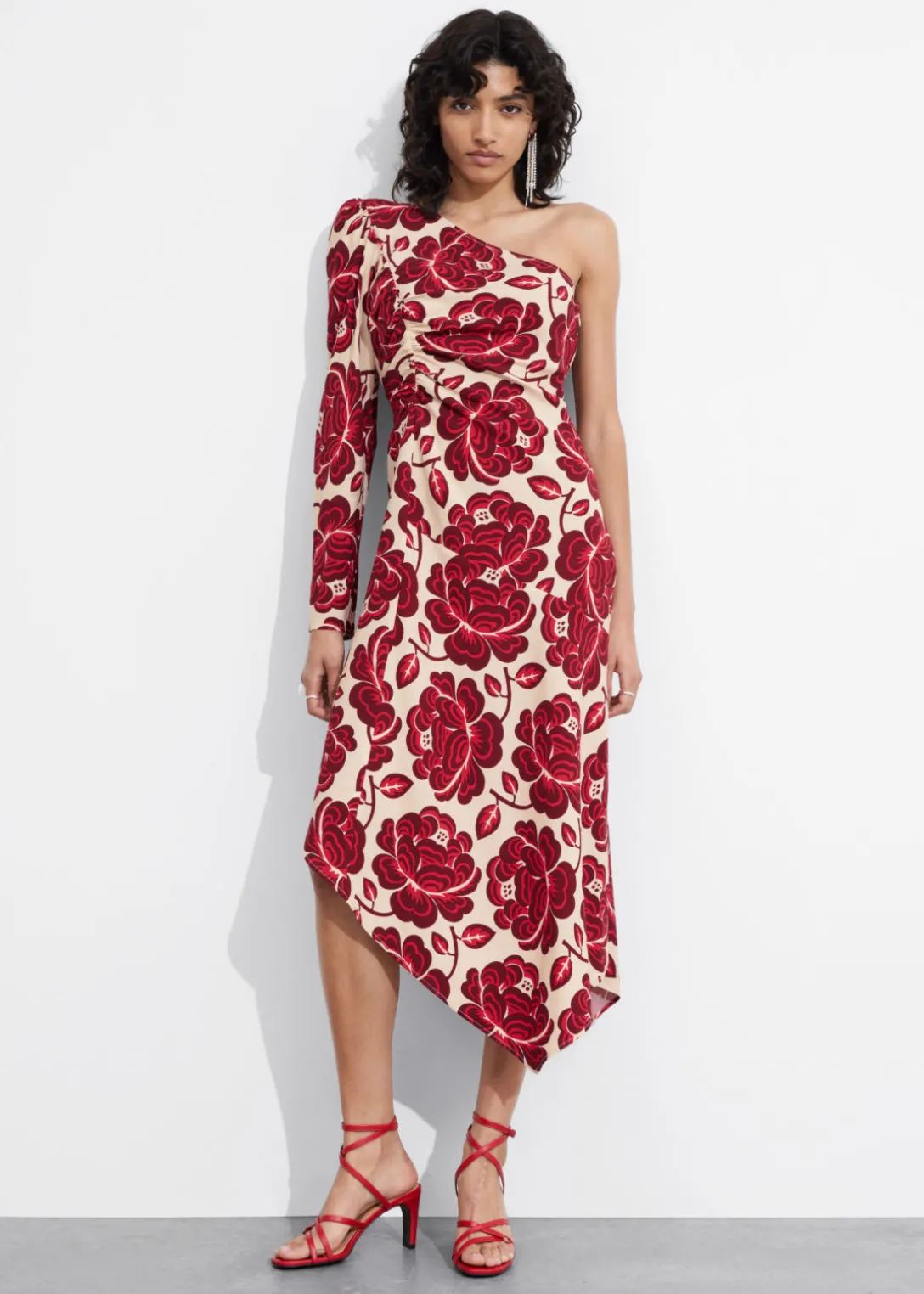 Online & Other Stories Asymmetric One-Shoulder Midi Dress Red Florals