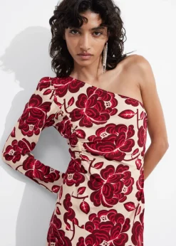 Online & Other Stories Asymmetric One-Shoulder Midi Dress Red Florals