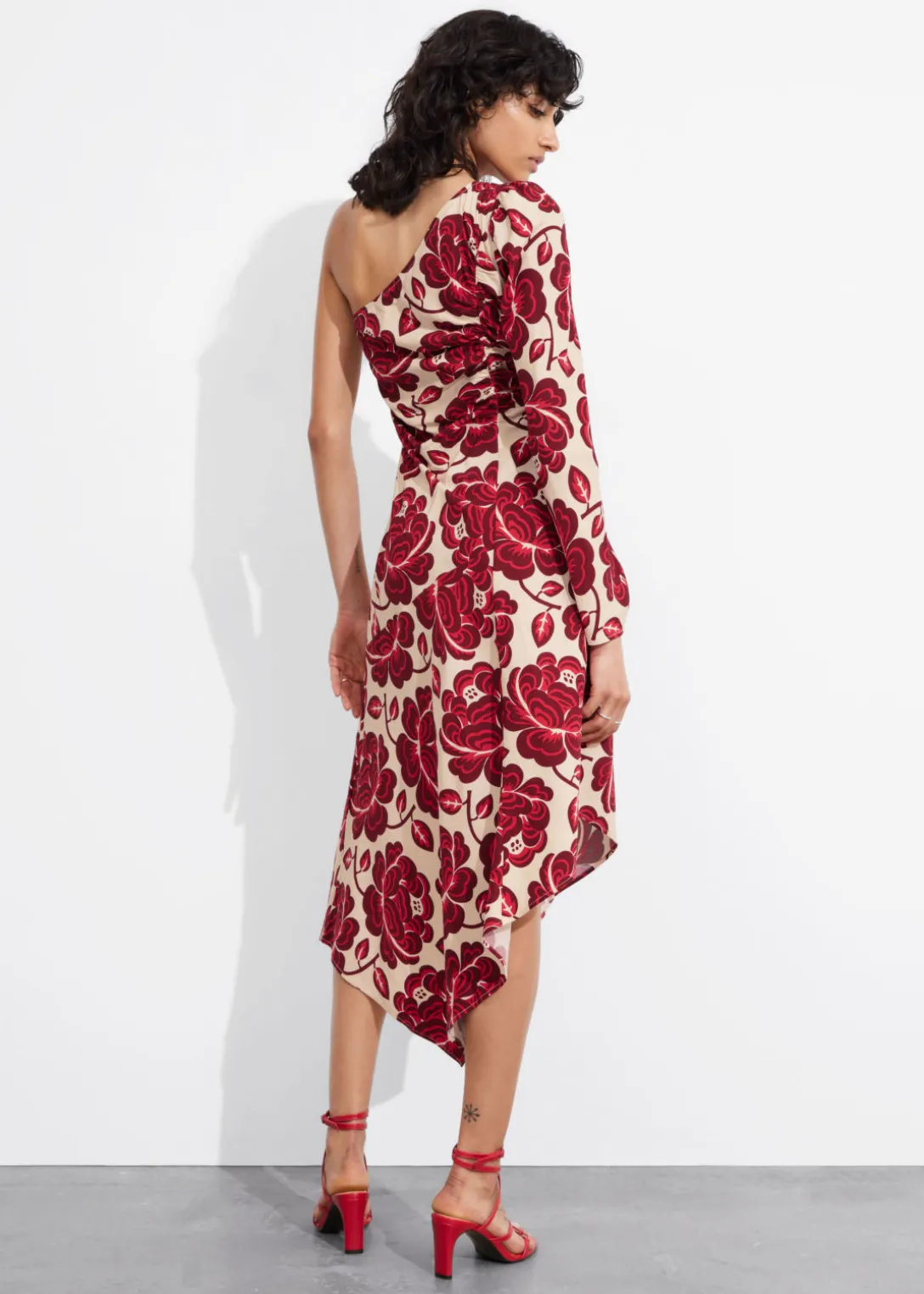 Online & Other Stories Asymmetric One-Shoulder Midi Dress Red Florals