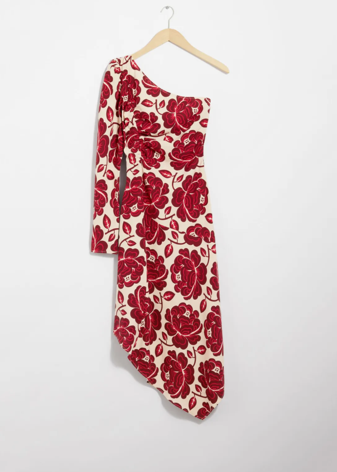 Online & Other Stories Asymmetric One-Shoulder Midi Dress Red Florals