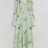 Store & Other Stories Buttoned V-Cut Midi Dress Light Green Floral Print