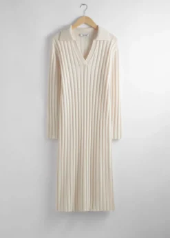 Fashion & Other Stories Collared Rib-Knit Midi Dress White