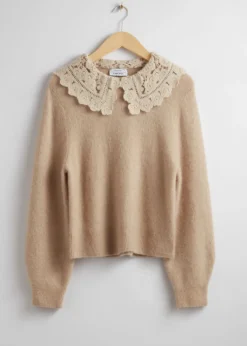 Discount & Other Stories Crochet Collar Knit Sweater Beige