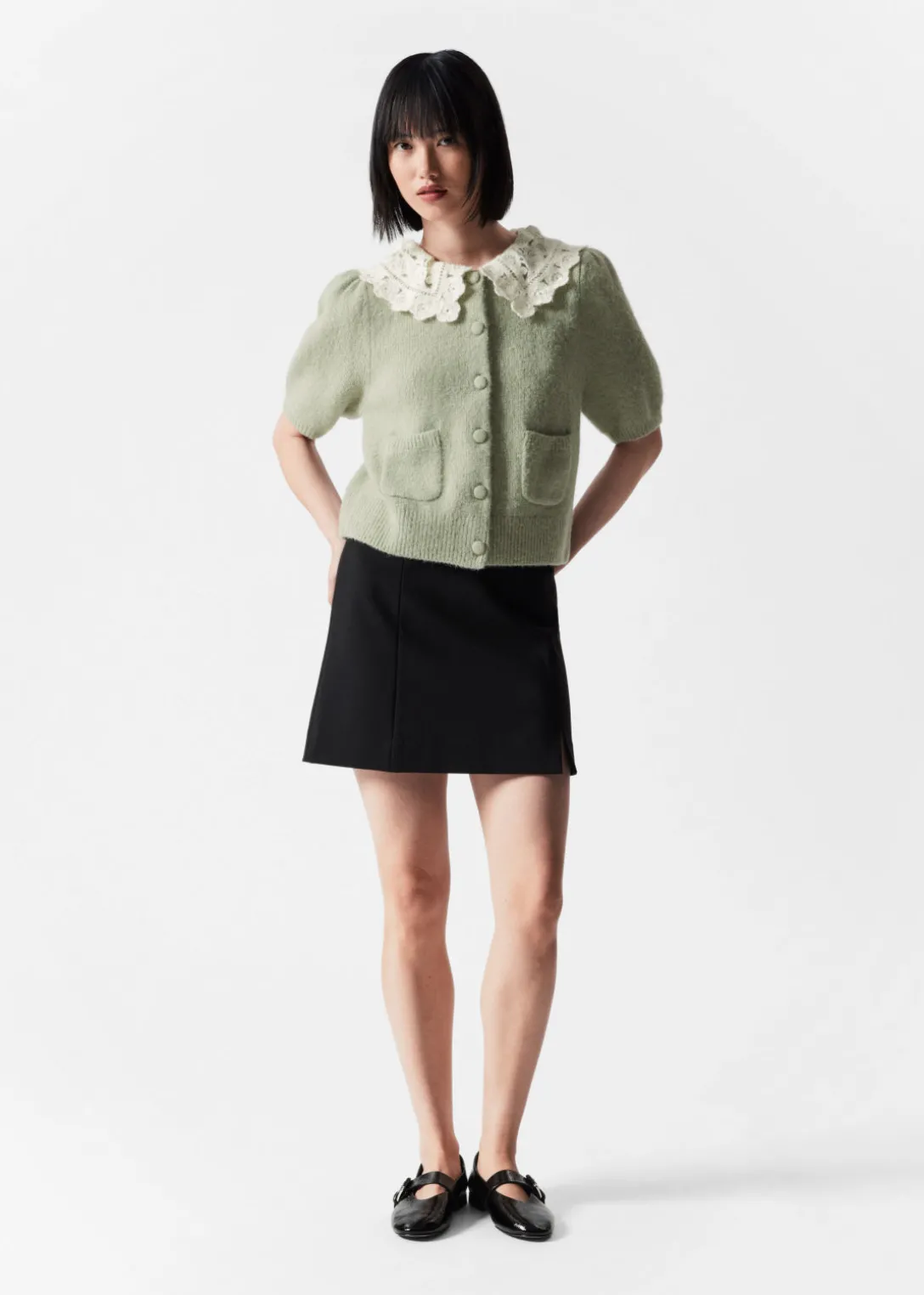 Outlet & Other Stories Crochet-Collar Knit Cardigan Khaki