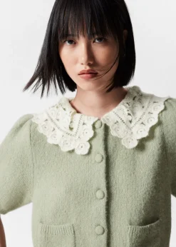 Outlet & Other Stories Crochet-Collar Knit Cardigan Khaki