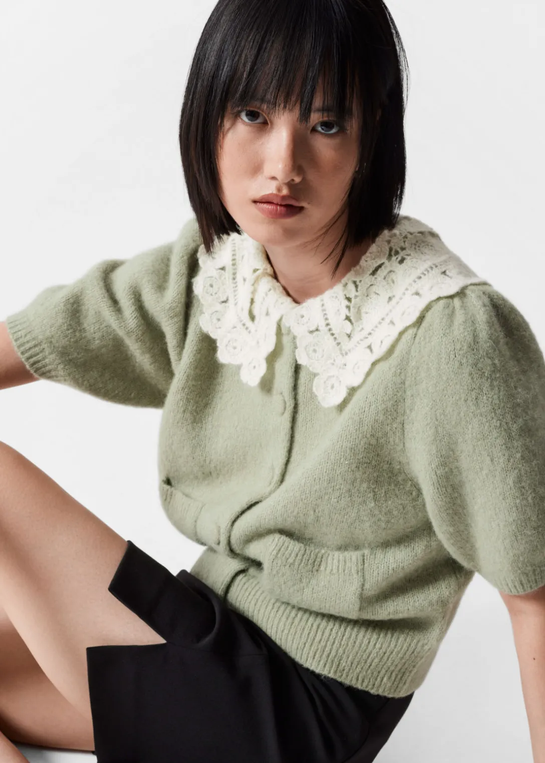 Outlet & Other Stories Crochet-Collar Knit Cardigan Khaki