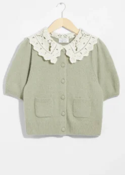 Outlet & Other Stories Crochet-Collar Knit Cardigan Khaki