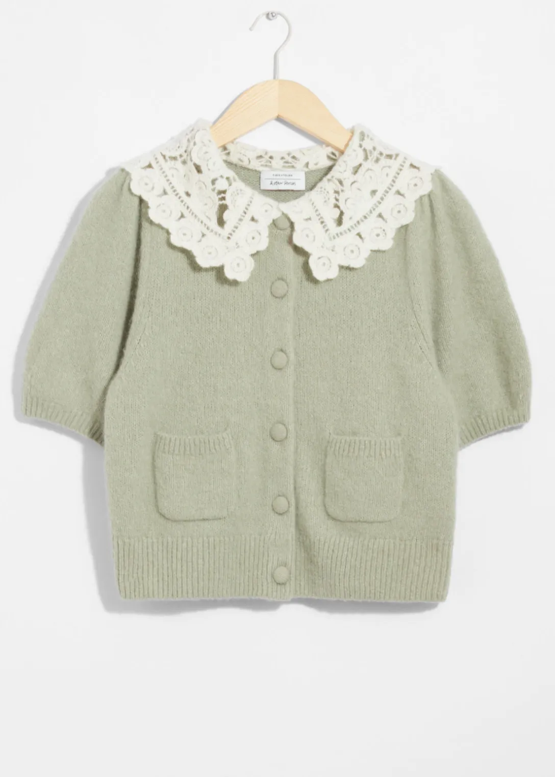 Outlet & Other Stories Crochet-Collar Knit Cardigan Khaki