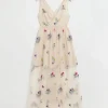 Discount & Other Stories Embellished Gathered Tulle Dress Light Beige Floral Embroidery