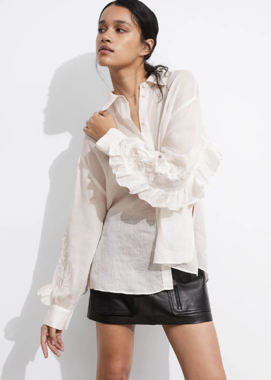Discount & Other Stories Embroidered Frill-Trimmed Shirt White