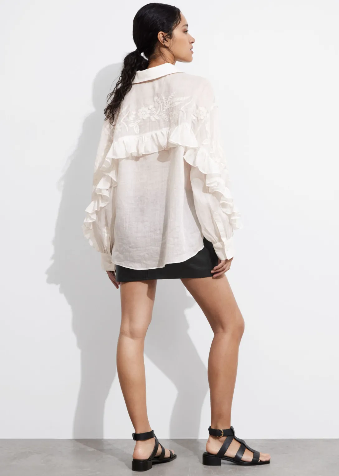 Discount & Other Stories Embroidered Frill-Trimmed Shirt White