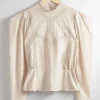 Fashion & Other Stories Embroidered Puff-Sleeve Blouse Beige