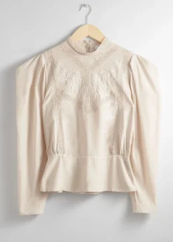 Fashion & Other Stories Embroidered Puff-Sleeve Blouse Beige