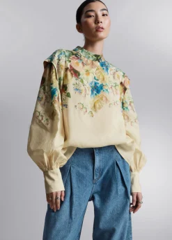 Online & Other Stories Extended-Shoulder Blouse Cream/Turquoise/Pink