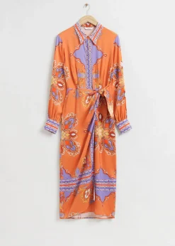 Online & Other Stories Faux Wrap Midi Shirt Dress Printed Orange