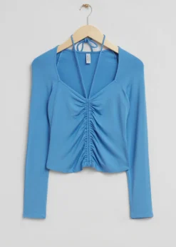 Cheap & Other Stories Fitted Drawstring Neck Gathered Top Light Blue