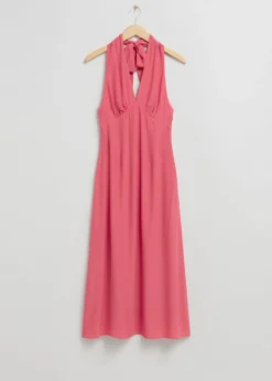 Cheap & Other Stories Halterneck Bow Detail Flared Dress Pink