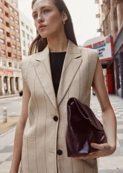 Hot & Other Stories Linen-Blend Blazer Vest Beige Pinstripe