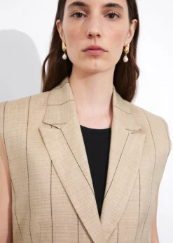 Hot & Other Stories Linen-Blend Blazer Vest Beige Pinstripe