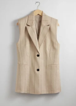 Hot & Other Stories Linen-Blend Blazer Vest Beige Pinstripe