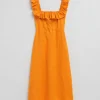 Sale & Other Stories Ruffle Neck Linen Midi Dress Orange