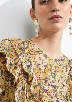 Discount & Other Stories Ruffle-Trimmed Midi Dress Yellow Print