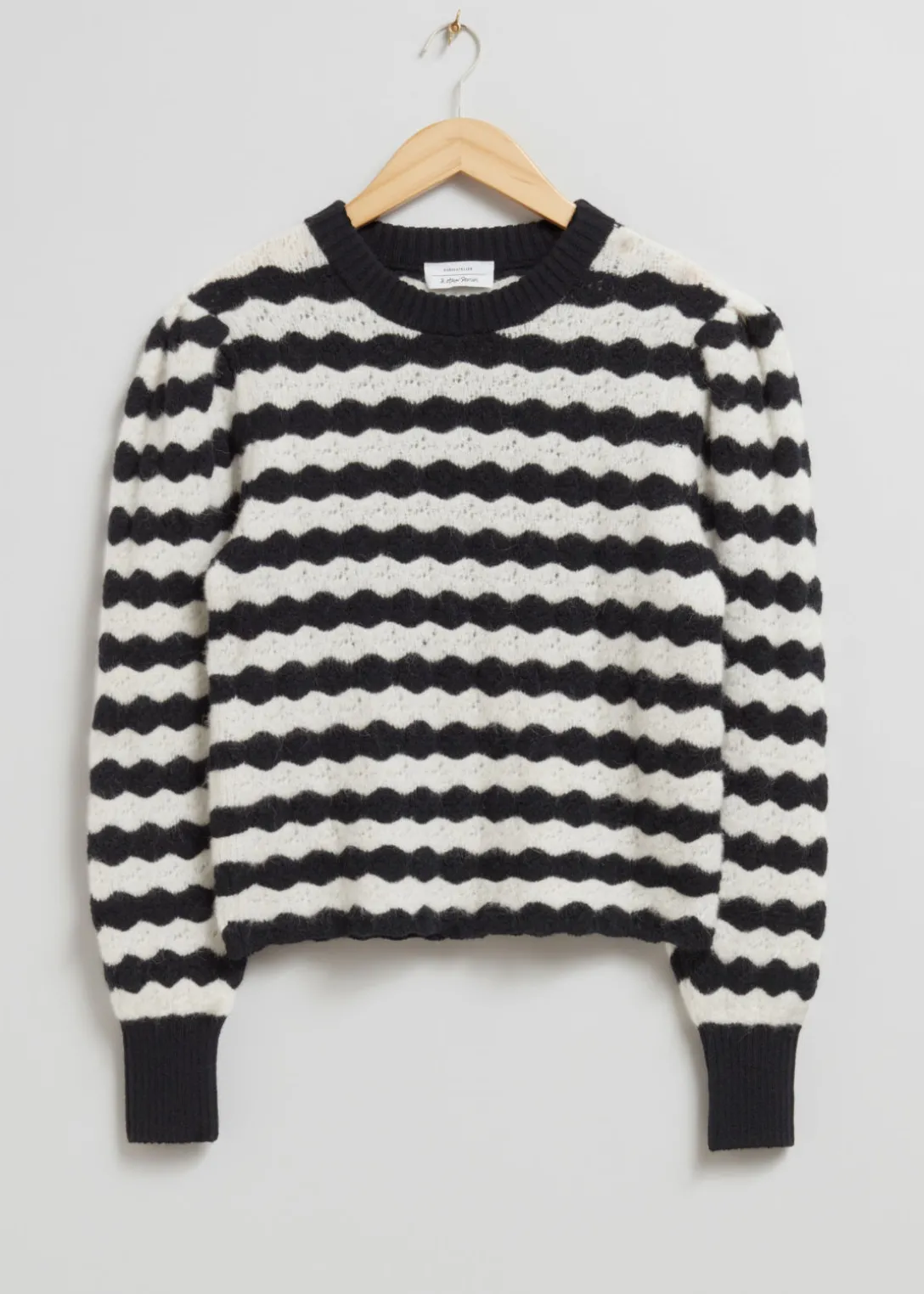 New & Other Stories Scalloped Crochet Merino Sweater Black/White