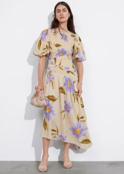Sale & Other Stories Smocked Asymmetric Midi Dress Lilac Florals