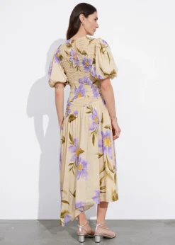 Sale & Other Stories Smocked Asymmetric Midi Dress Lilac Florals