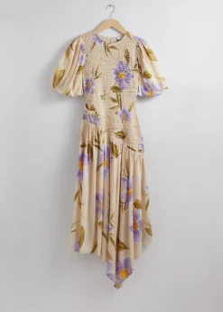 Sale & Other Stories Smocked Asymmetric Midi Dress Lilac Florals