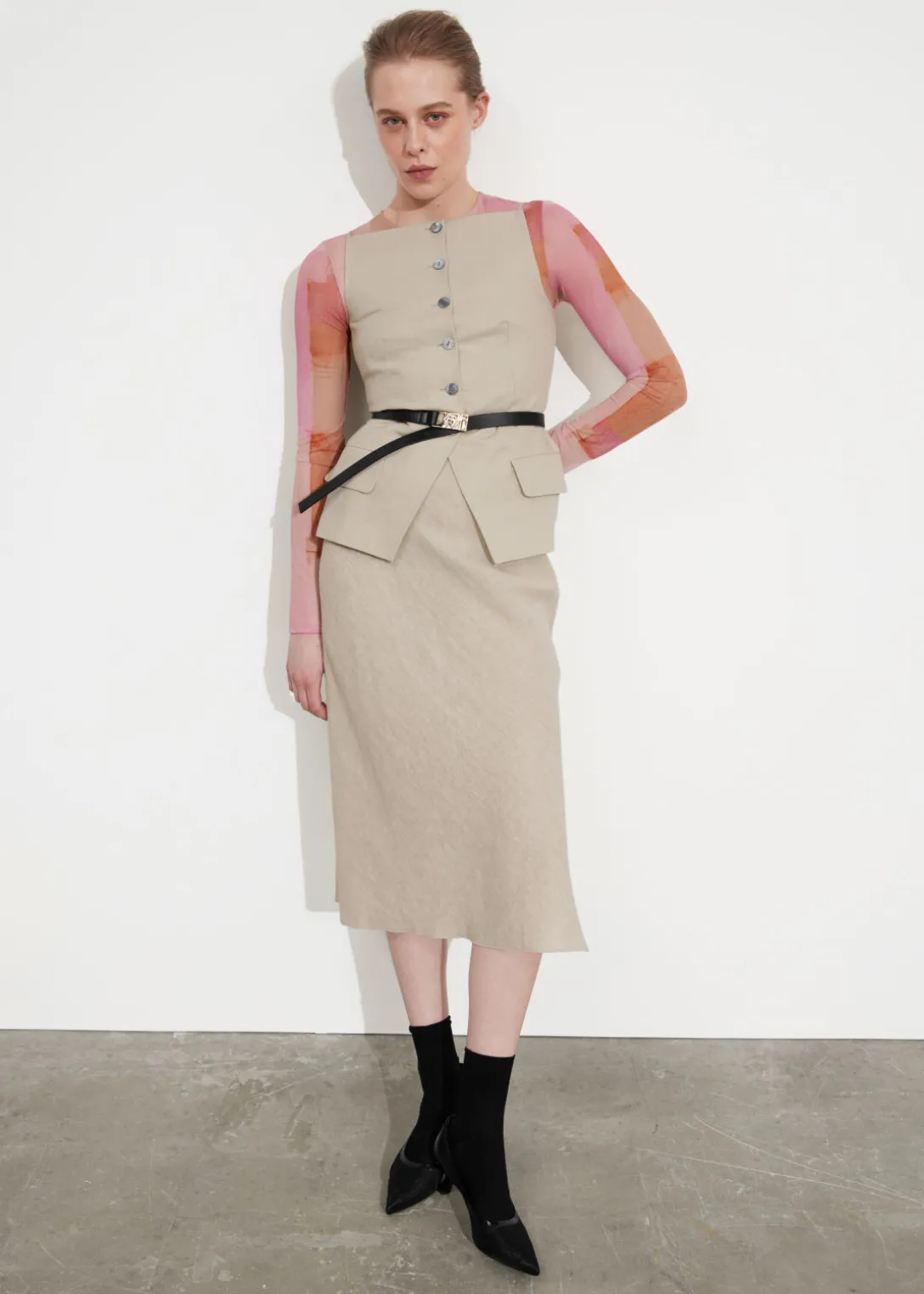 Best Sale & Other Stories Strap Detail Linen Midi Skirt Light Beige