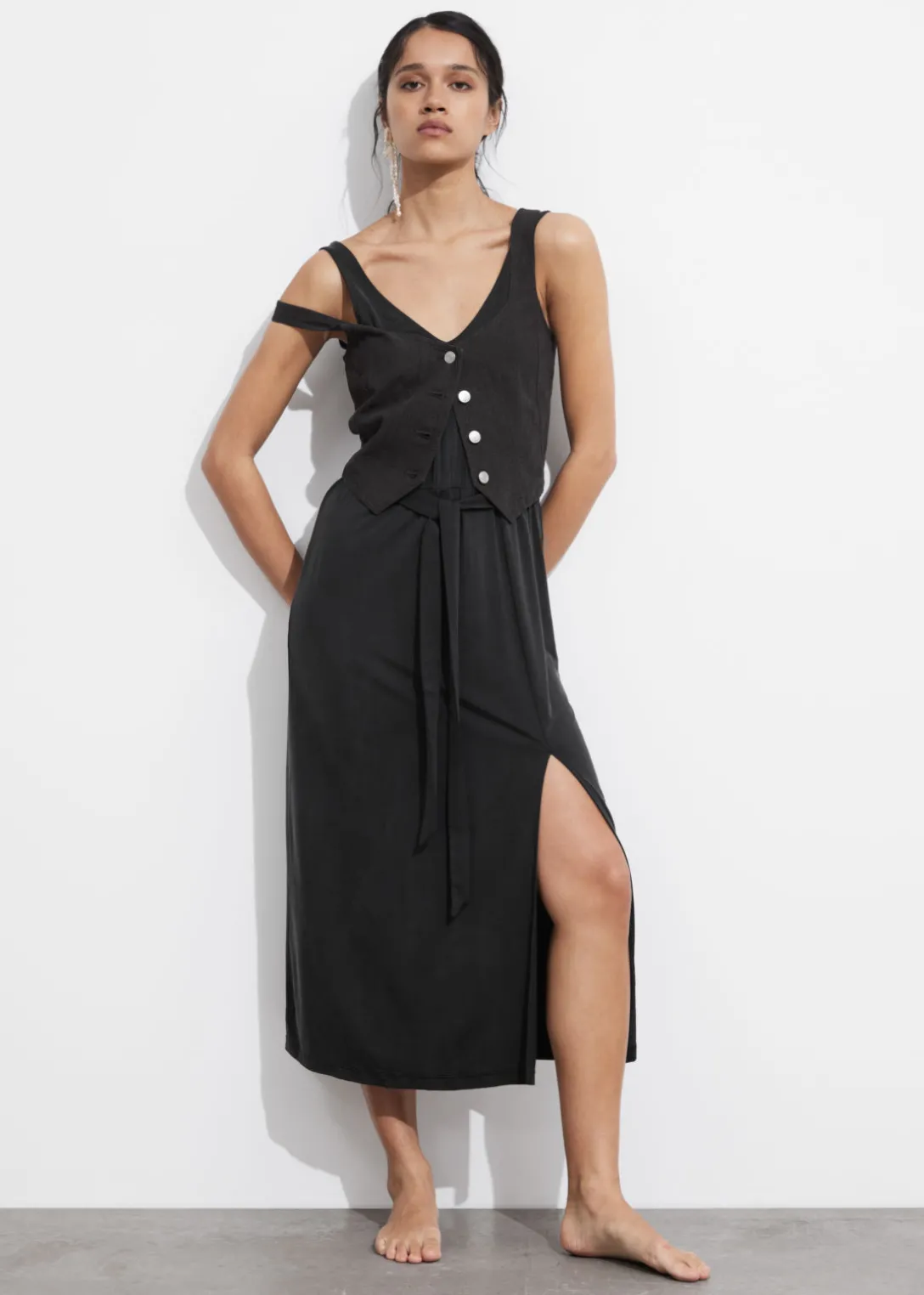 Cheap & Other Stories V-Neck Cupro Midi Dress Black