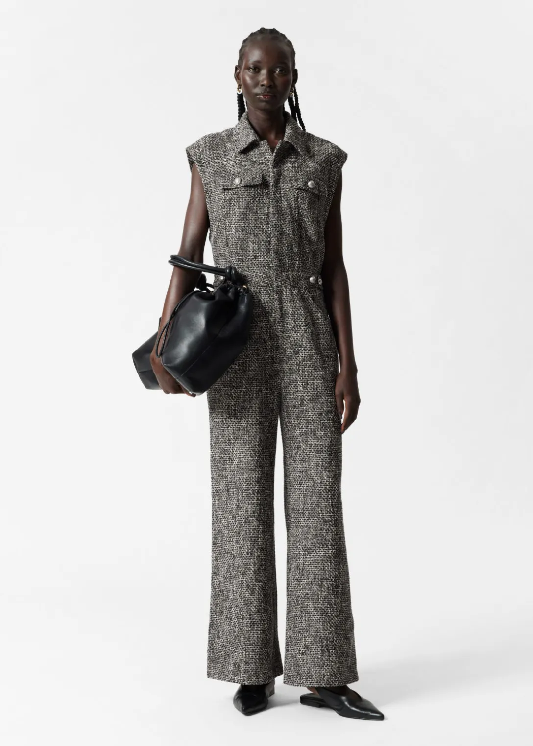 Cheap & Other Stories Wide Sleeveless Tweed Jumpsuit Black Tweed