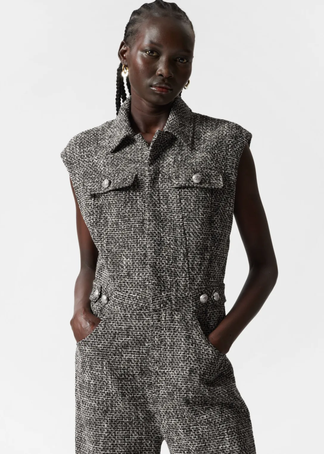 Cheap & Other Stories Wide Sleeveless Tweed Jumpsuit Black Tweed